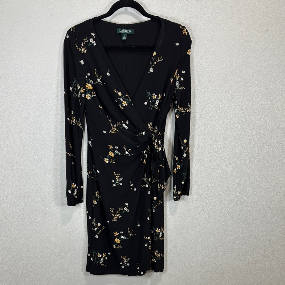 Ralph Lauren Black Sheath Wrap Dress with V-Neck‎ floral